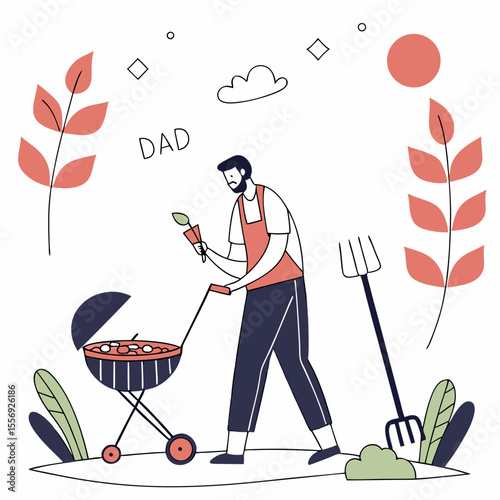 Dad grilling food with gardening tools and plants barbecue cooking
