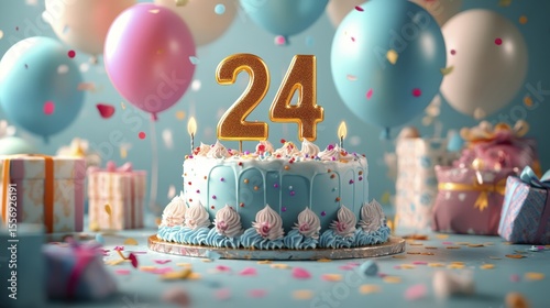 Celebratory 24th Birthday Scene with Cake, Balloons, and Gifts