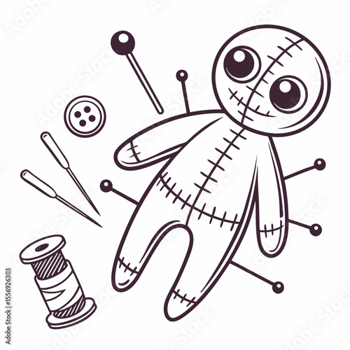 Voodoo doll with sewing accessories and pins needles thread