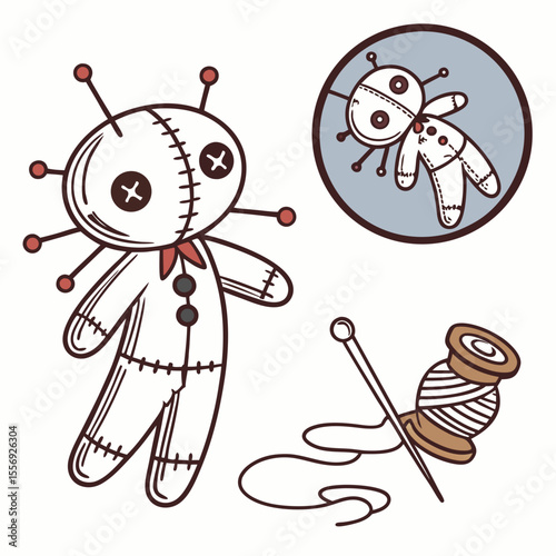 Stitched doll pins thread needle spool sewing kit voodoo doll