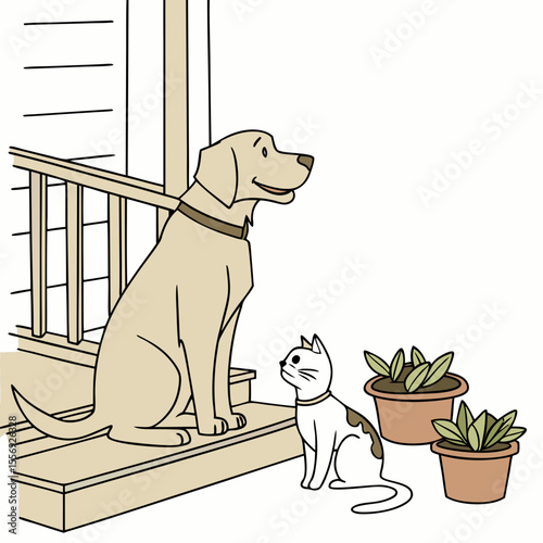 Yellow dog and white cat on porch with potted plants steps railing