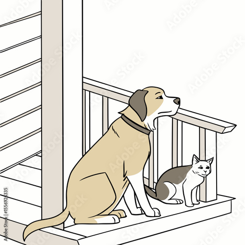 Tan dog and grey cat sitting on porch railing vector