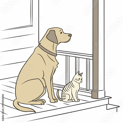 Tan dog and striped cat sitting on porch vector