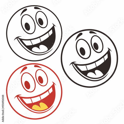 Three cartoon faces with wide smiles and big eyes happy expression