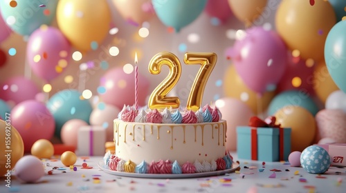 Celebratory Birthday Cake with Balloons and Decorations for Twenty Seventh Birthday