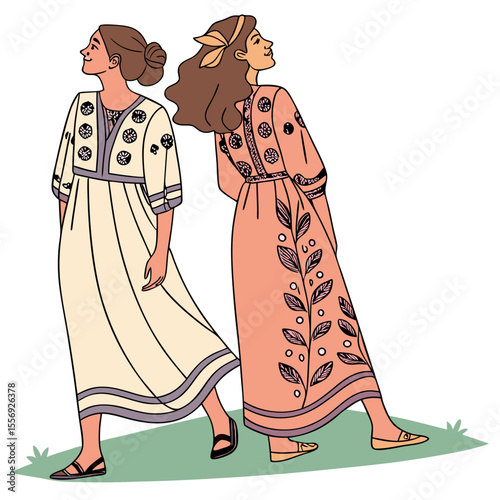 Two women in long dresses with floral patterns boho style summer fashion