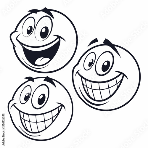 Cheerful cartoon faces with wide grins and expressive eyes happy smile
