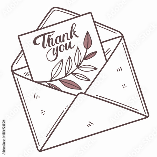 Open envelope with thank you card and floral branch vector