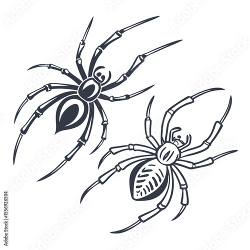 Two stylized dark blue spiders on white background arachnid insect