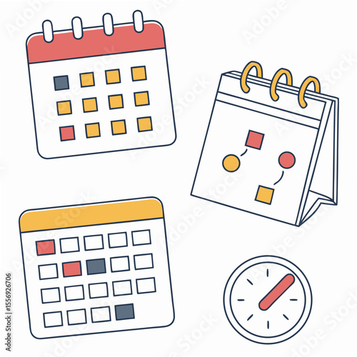 Calendar and clock icons with colorful markers date time