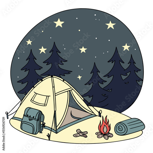 Tent campfire under starry night sky with pine trees camping stars