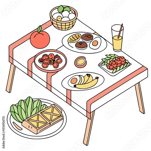 Table laden with diverse food items and beverages breakfast brunch
