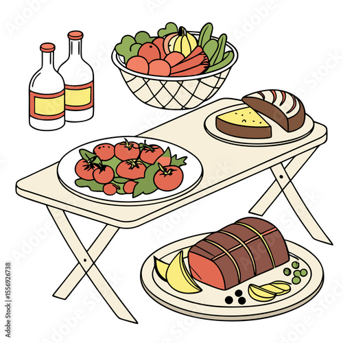Fresh food and drink assortment on a table picnic meal