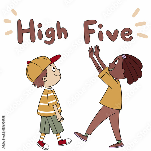 Two cartoon children high fiving with bold text high five friendship