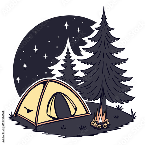 Camping night scene with tent and campfire under starry sky stars