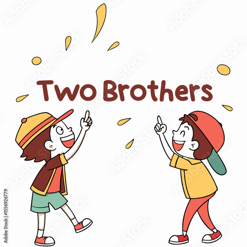 Two happy cartoon boys pointing upwards with celebratory sparks siblings friends