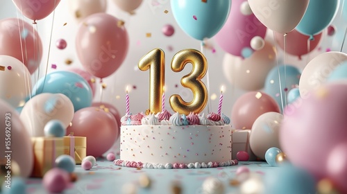 Celebratory Scene of a Thirteenth Birthday with Cake and Balloons