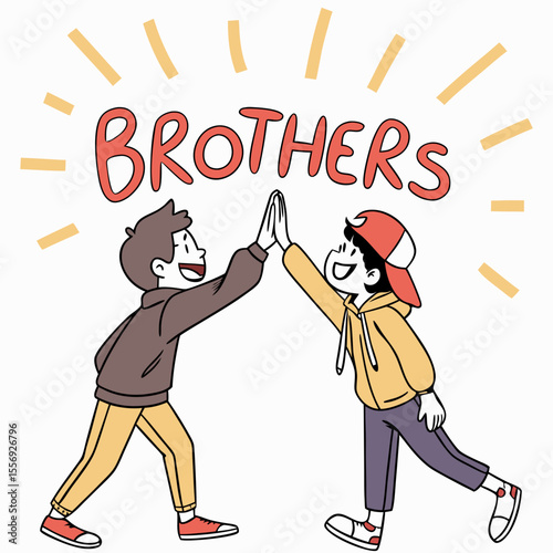 Two cartoon boys high five with bold red lettering above brothers celebration
