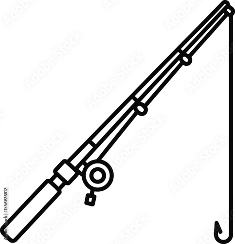 Line drawing of a fishing rod with a reel and hook, presented in a simple, minimalist style.