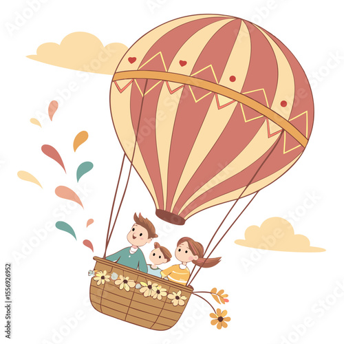 Family enjoys hot air balloon ride with colorful clouds children adventure
