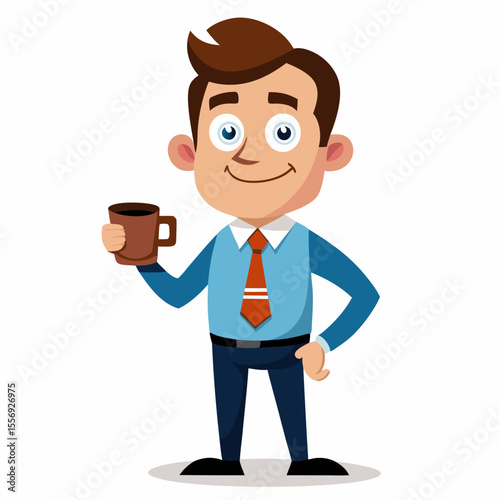 Cheerful man in blue shirt holding brown coffee mug cartoon