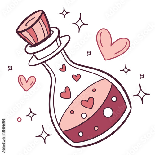 Pink cartoon love potion bottle with hearts and sparkles vector
