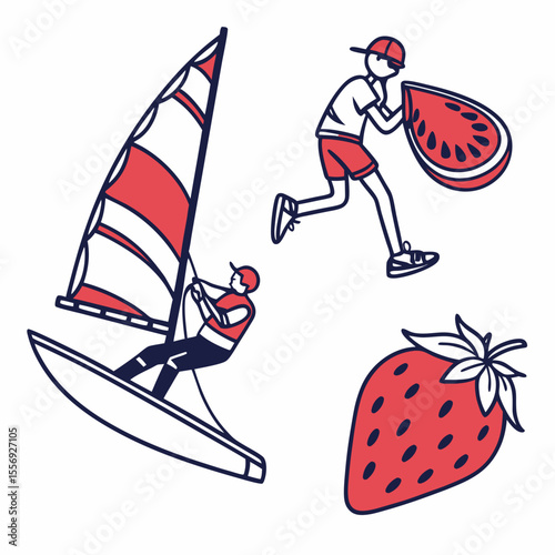 Windsurfer and person with watermelon slice and strawberry windsurfing sailing