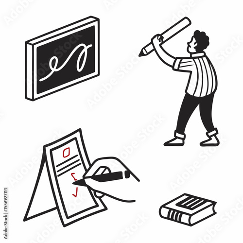 Student writing on blackboard and book education learning