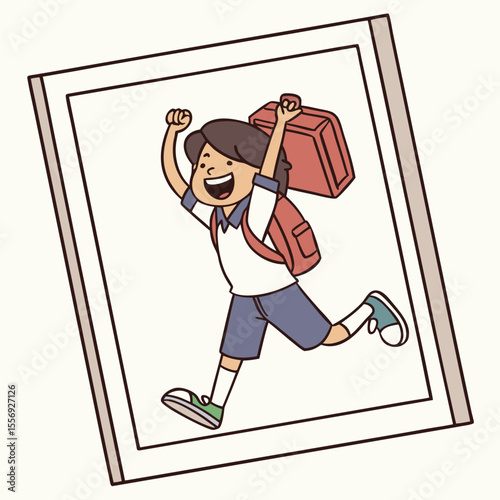 Excited child running with backpack and school bag happy