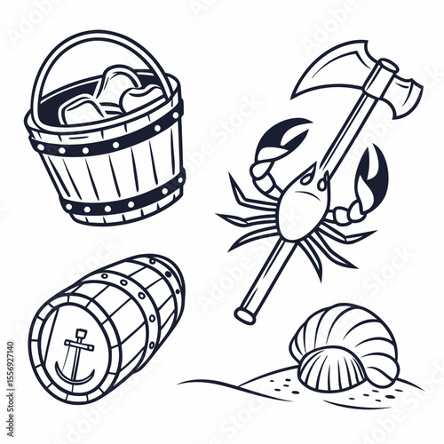 Nautical collection bucket barrel crab axe seashell anchor