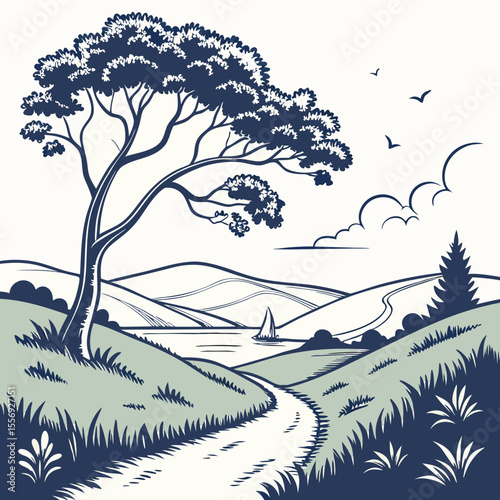 Scenic landscape with tree sailboat and rolling hills nature water