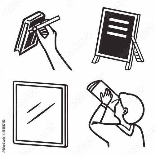 Hand writing on board person reading book mirror reflection vector