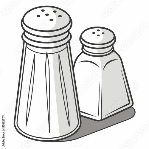 Two grey salt and pepper shakers with black outlines salt shaker seasoning
