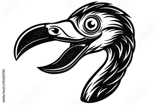 Striking monochrome dodo bird head shows intricate feather detail and distinctive beak structure