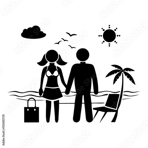Couple enjoying a beach vacation with palm trees and ocean waves vector