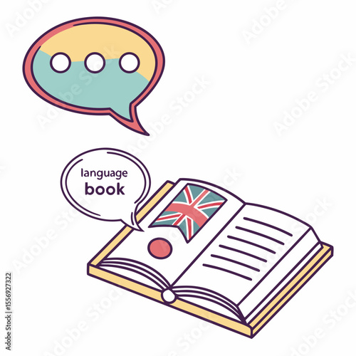 Open book with flags and speech bubbles language learning
