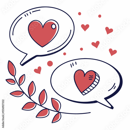 Two speech bubbles with red hearts and leafy branch love romance
