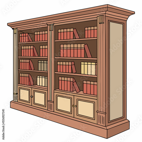 Wooden library bookcase filled with red and yellow books bookshelf furniture