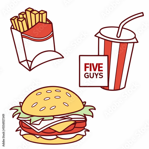 Cheeseburger fries and drink with logo soda fast food