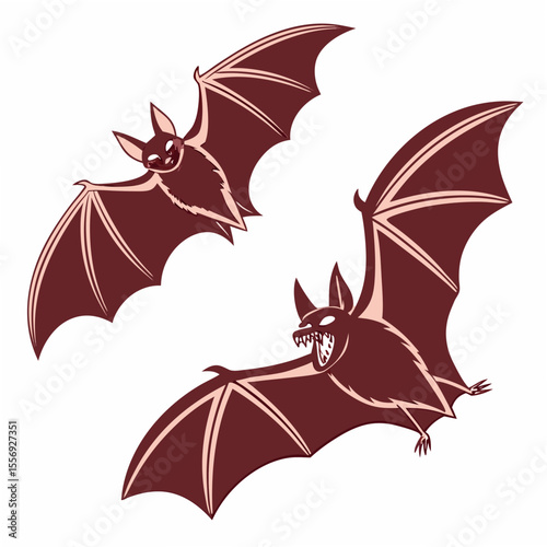 Two cartoon vampire bats with outstretched wings flying