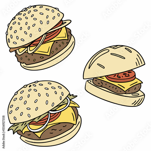 Three delicious cheeseburgers with sesame seed buns and fresh ingredients hamburger