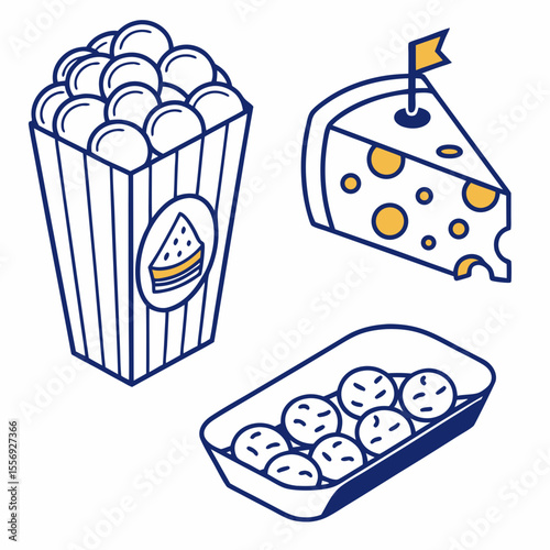 Blue and yellow food icons cheese curds and slice cheese slice blue outline