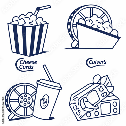 Blue line art food and drink icons on white popcorn cheese curds