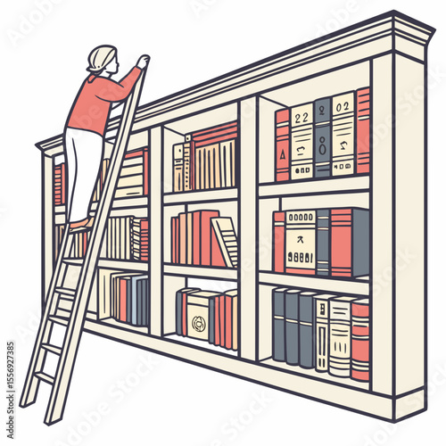 Person on ladder reaching for books on tall bookshelf vector