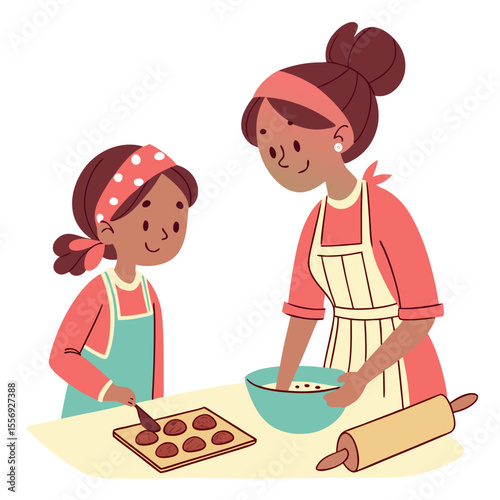Sisters baking cookies together with rolling pin and mixing bowl kitchen