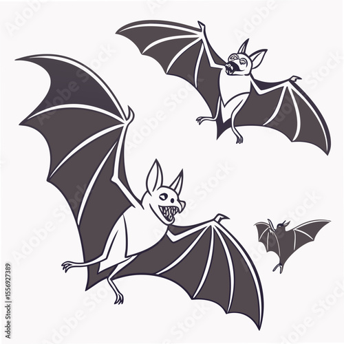Three cartoon bats flying with dark grey wings vector