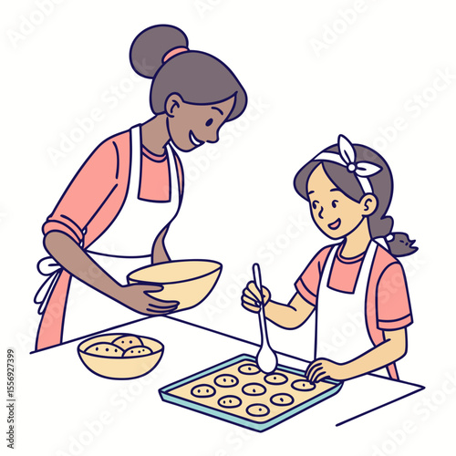 Mother and daughter baking cookies together kitchen family