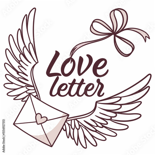 Flying love letter with wings and ribbon envelope heart