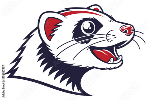 Ferret mascot head displays an open mouth with sharp canine teeth and visible whiskers