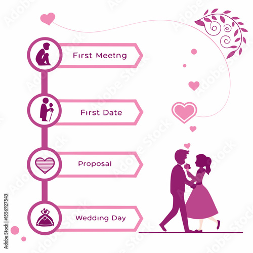 Romantic relationship milestones infographic with couple love story timeline infographic